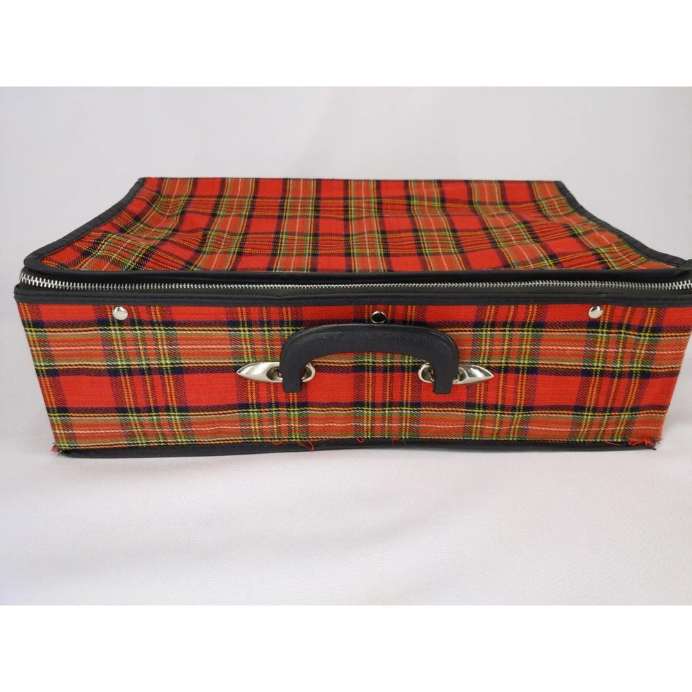 Vintage‎ 60s/70s Suitcase Red Plaid Folding Collapsible Travel Bag Carry On